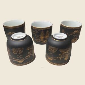Vintage Kutani Black & Gold Yunomi Tea Cups (Set of 5)